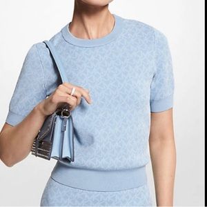 Michael Kors logo jacquard short sleeve sweater in blue